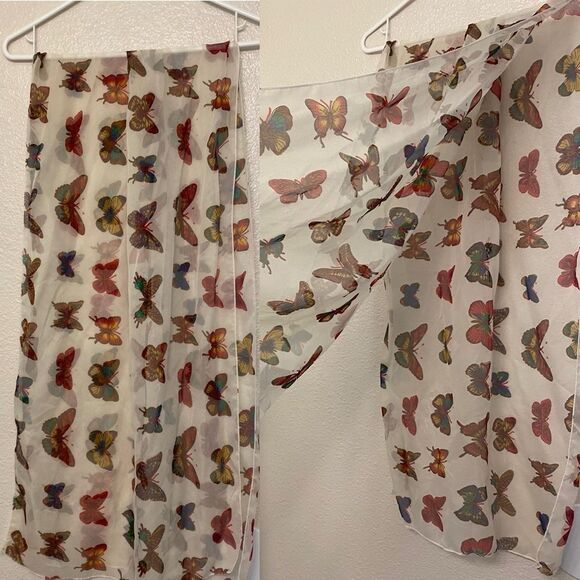 semi sheer silky colorful butterfly Mariposa lightweight scarf print 21x66 - Picture 1 of 6